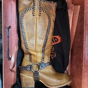 Freebird Tan Heeled Boots with Brown Accents